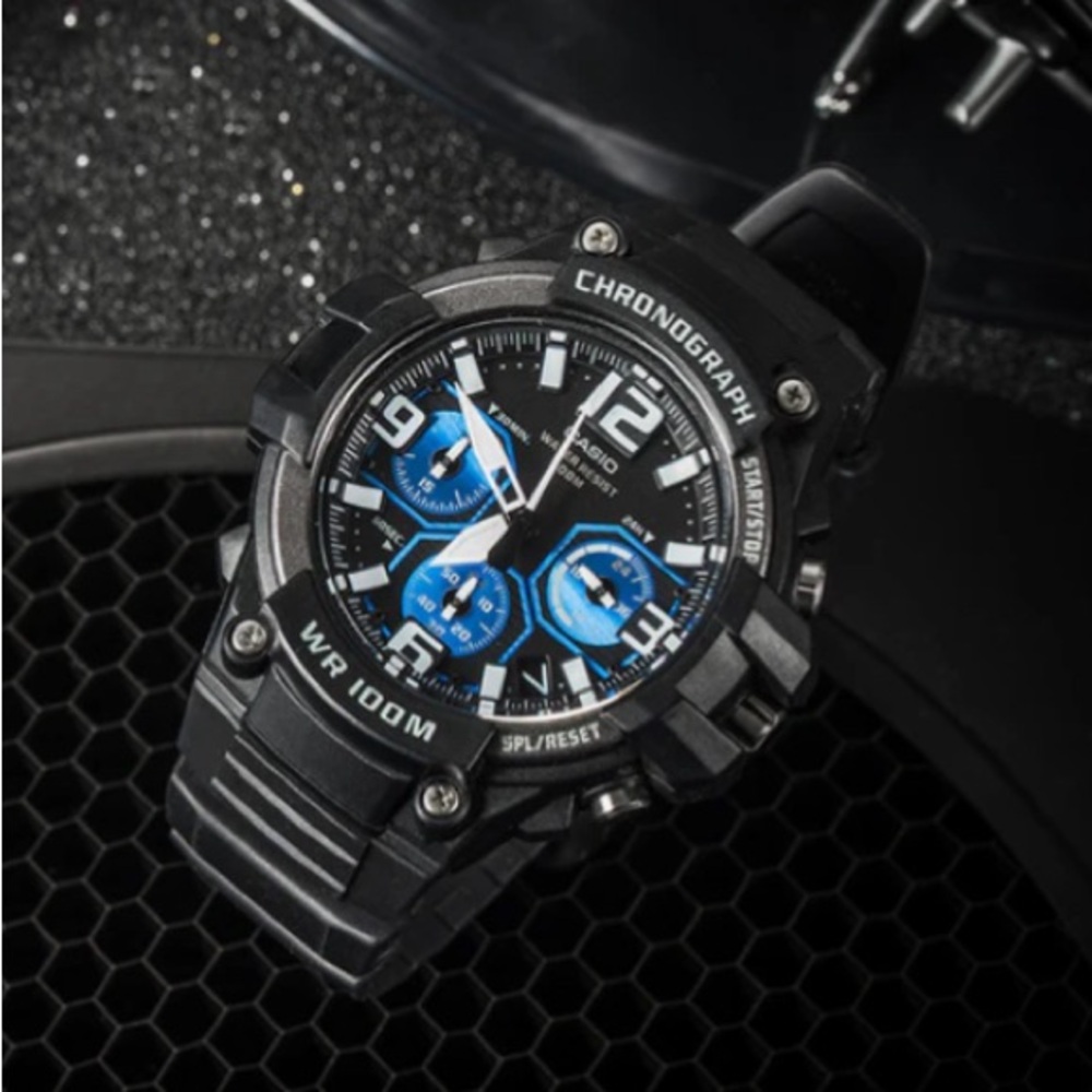 Casio MCW-100H Black and Blue Chronograph Timepiece - Picture 3 of 5